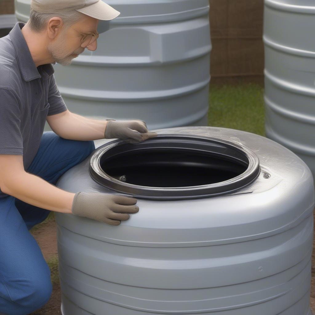 Checking the lid of a used 500-liter plastic water tank