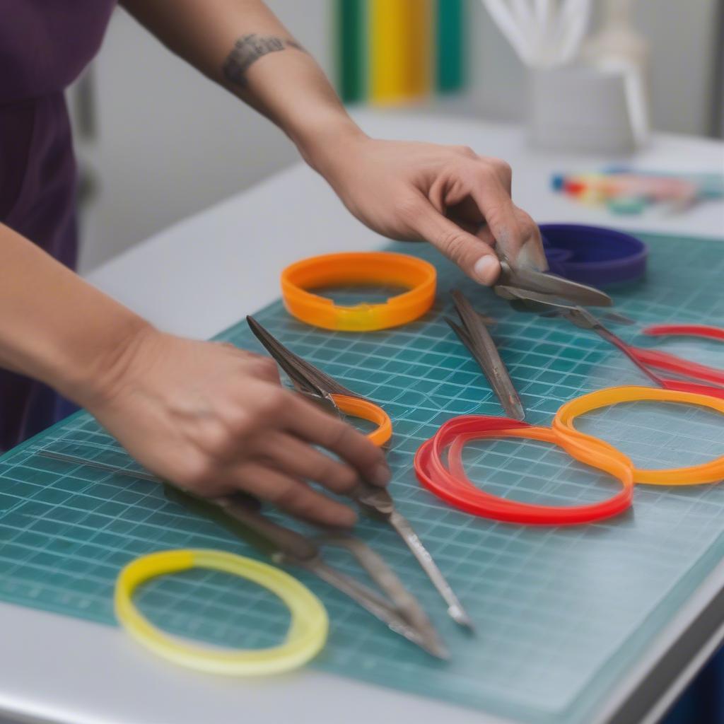 Cutting plastic tubes for chicken leg rings