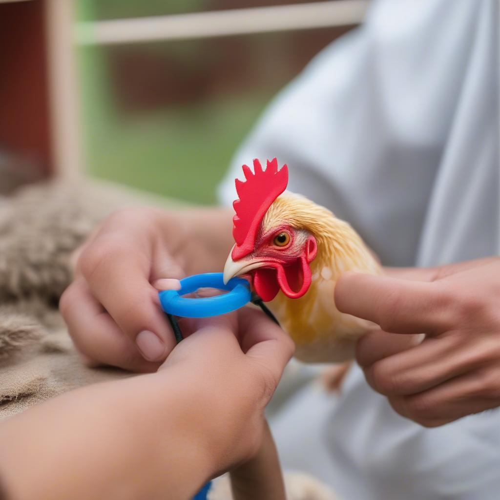 Attaching plastic rings to chicken legs