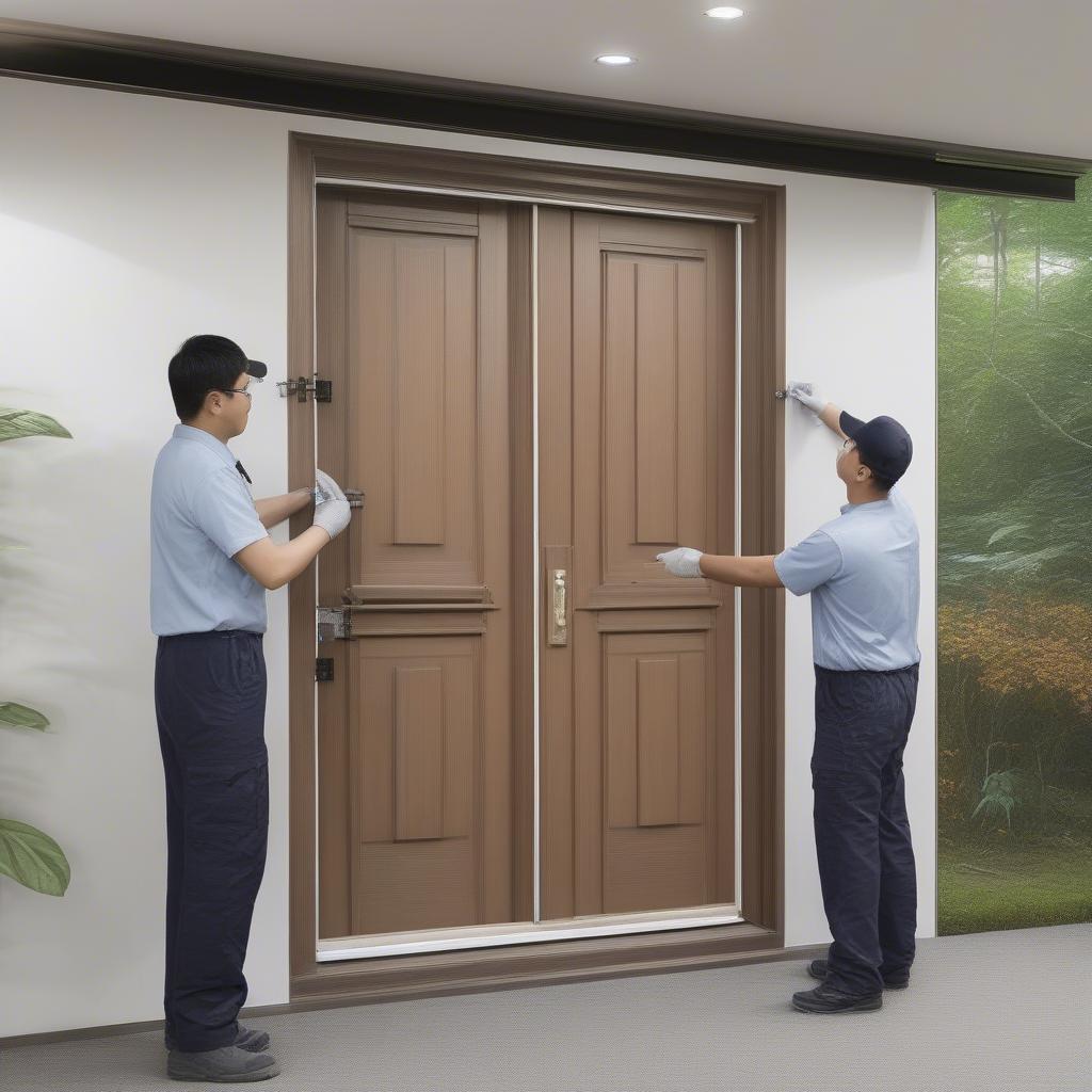 Hình ảnh minh họa quá trình lắp đặt cửa nhựa giả gỗ SaiGonDoor chuyên nghiệp và nhanh chóng