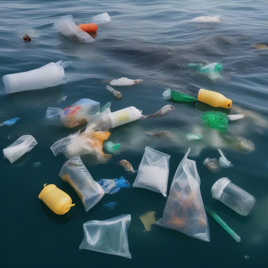 Plastic pollution in the ocean with plastic bags and bottles.