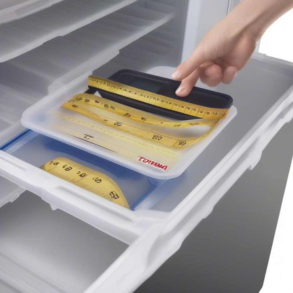 Measuring the dimensions of plastic trays and Toshiba refrigerator compartments