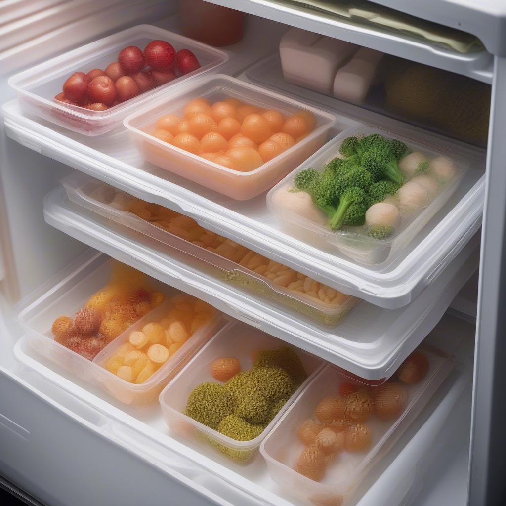 Arranging plastic trays inside a Toshiba refrigerator for optimal organization