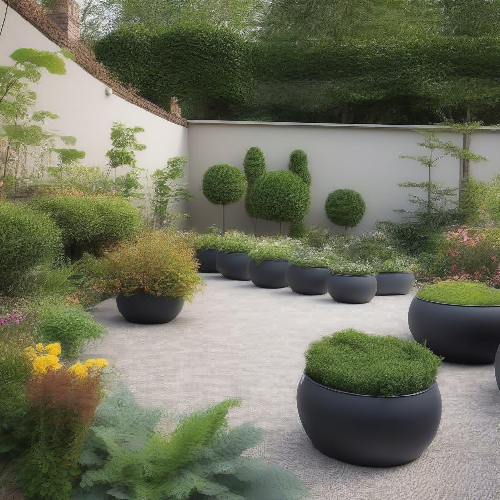 Beautiful large round plastic planters in a garden setting