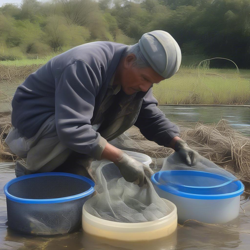 Thu hoạch lươn trong can nhựa